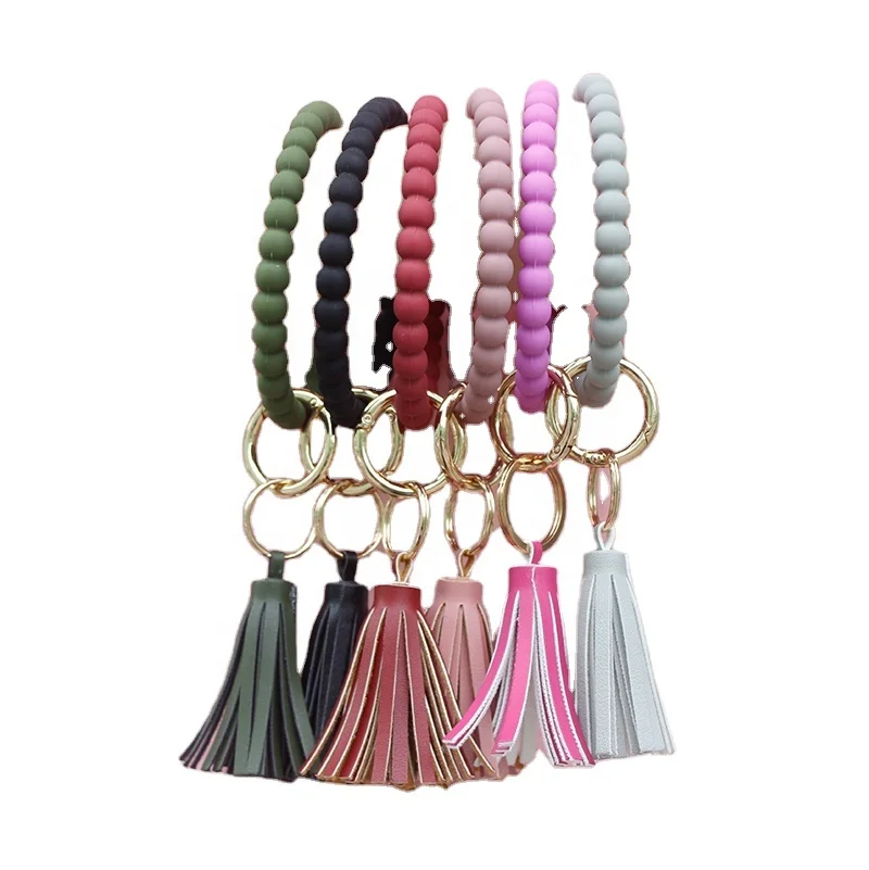 

Silicone Beaded Wristlet Keychain Silicone Key Ring Bracelet Women Bead Bracelet Keychain with Leather Tassel, Customized color