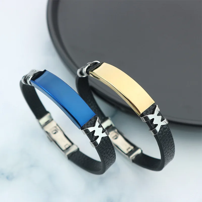

Fashion Men's titanium steel not fade PU stainless steel bracelet wristband for boys, As picture