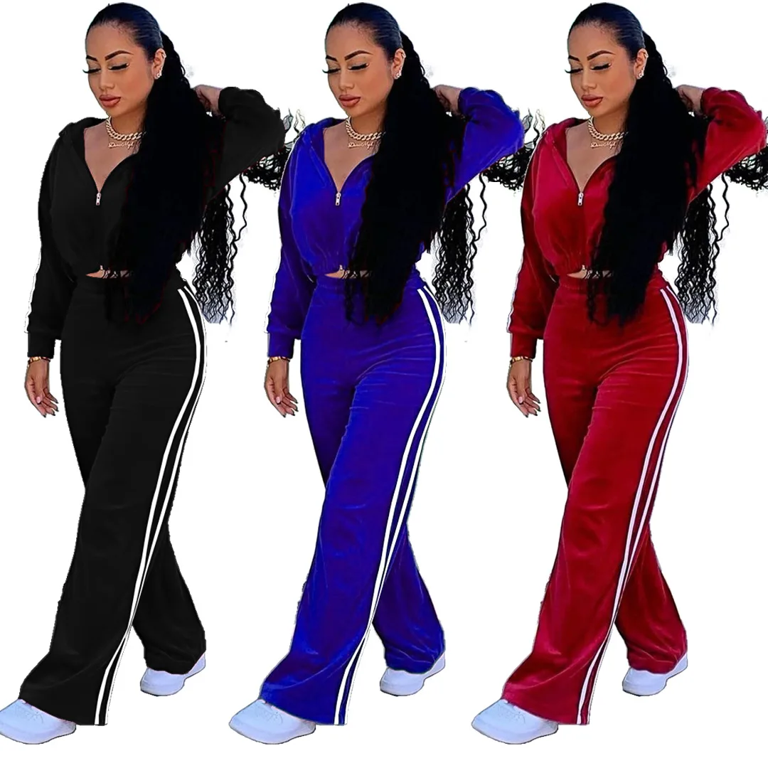 

A132 Women Tracksuits Crop Coats Jackets Solid Color Velvet Set Joggers Two Piece Pant Setwomen 2 Piece Pant Sets For Ladies, Black,red ,blue
