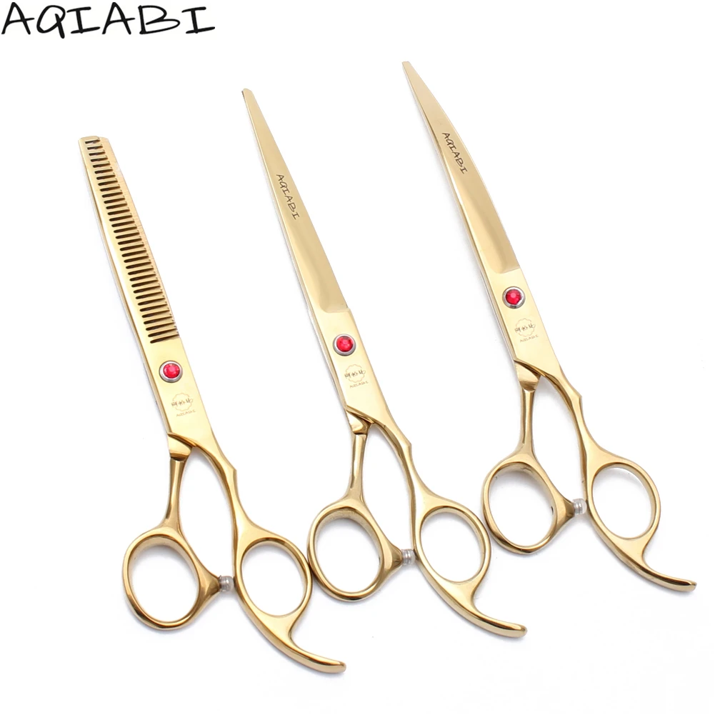 

Dog Grooming Kit 7" AQIABI JP Stainless Animal Straight Scissors Thinning Shears Pet Scissors Set A3003, Red handle
