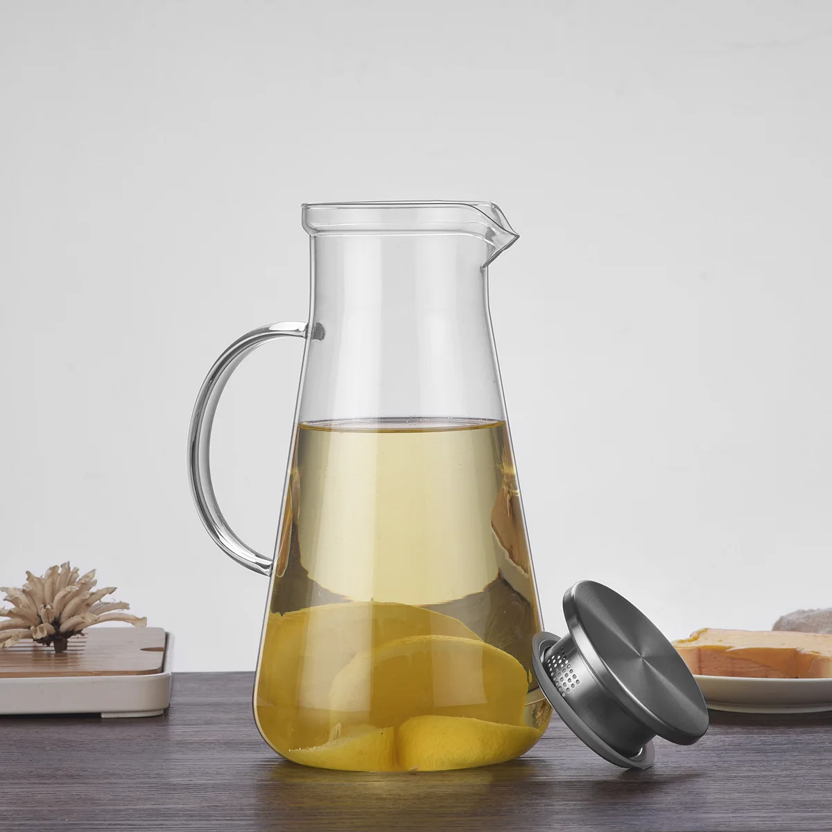 

Cooling water bottles hand made mouth blown glass pitcher with 304 stainless steel lid big capacity Drinking Water Jug, Clear