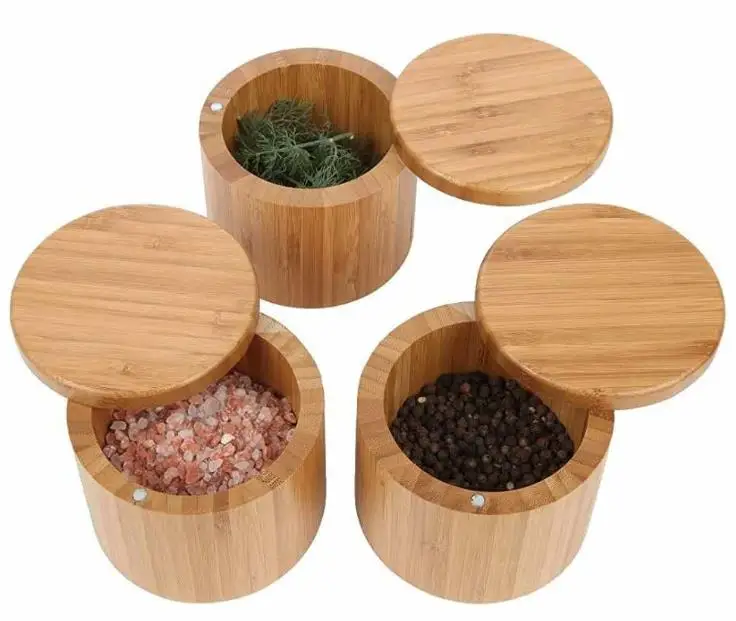 

Natural Kitchen Tools Custom Logo Round Sugar Salt Tea Bamboo Storage box With Lid