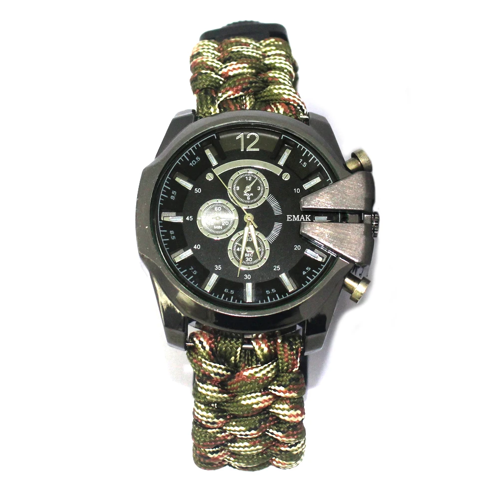 

Mountaineering Paracord Survival Watch, Custom Logo Camping Survival Paracord Watch, Army green camo