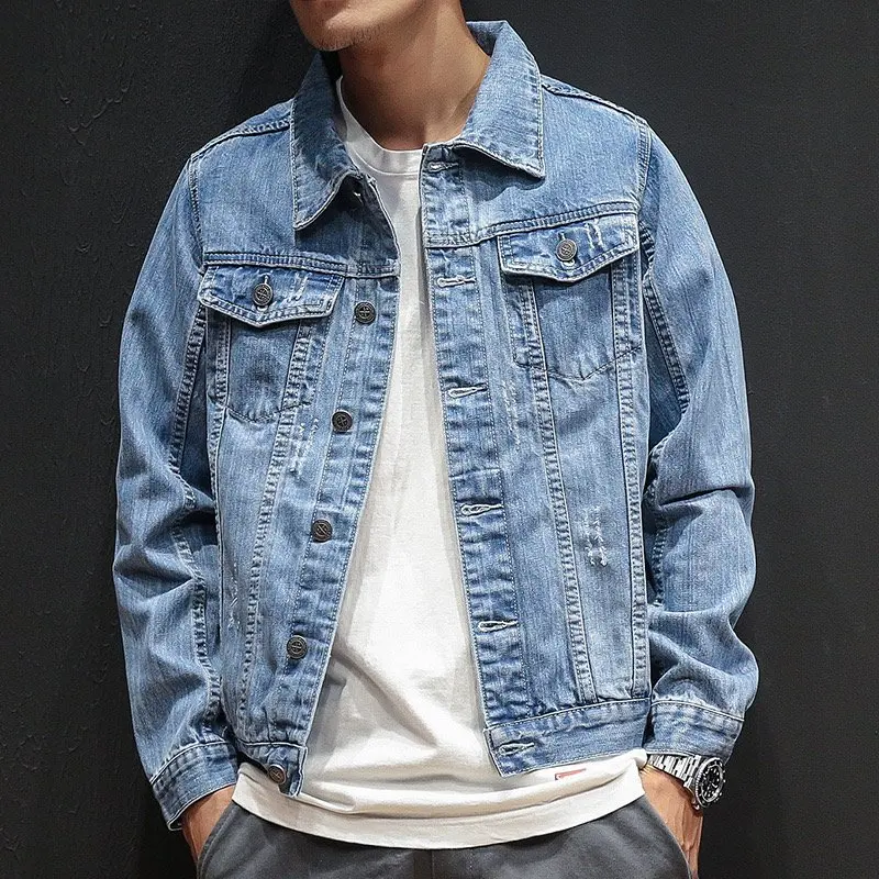 Wholesale Custom Logo High Quality Classic Distressed Men's Blue Ripped Washed Denim Jacket 