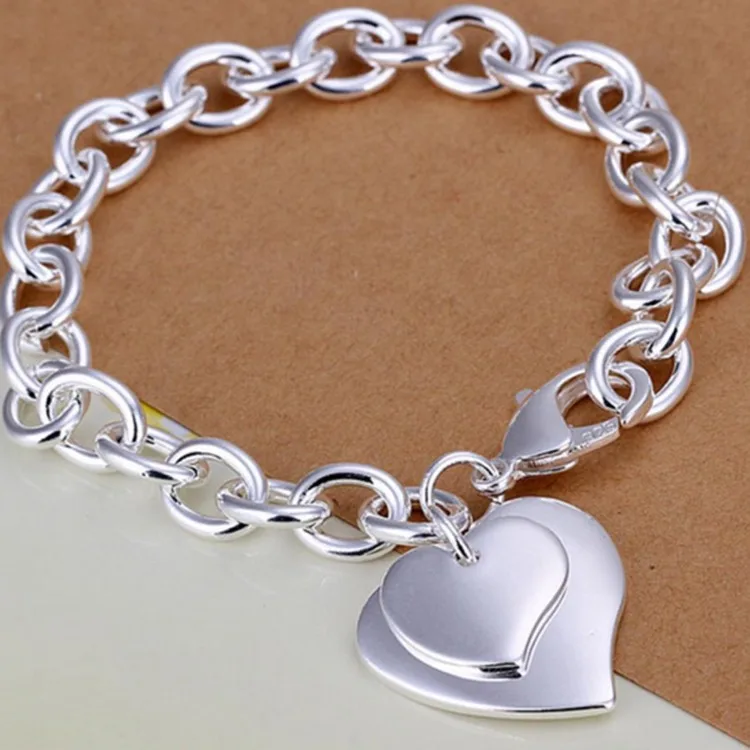

Punk fashion jewelry women 925 silver plated double heart knot bracelet charm