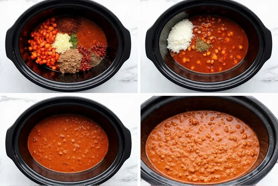 Step-by-step crock pot chili preparation showing ingredients in slow cooker with timer set to 6 hours
