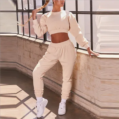 

Custom Cotton Crop Top Sweatsuit Two Piece Sets Women Jogging Tracksuit Set, Picture shown