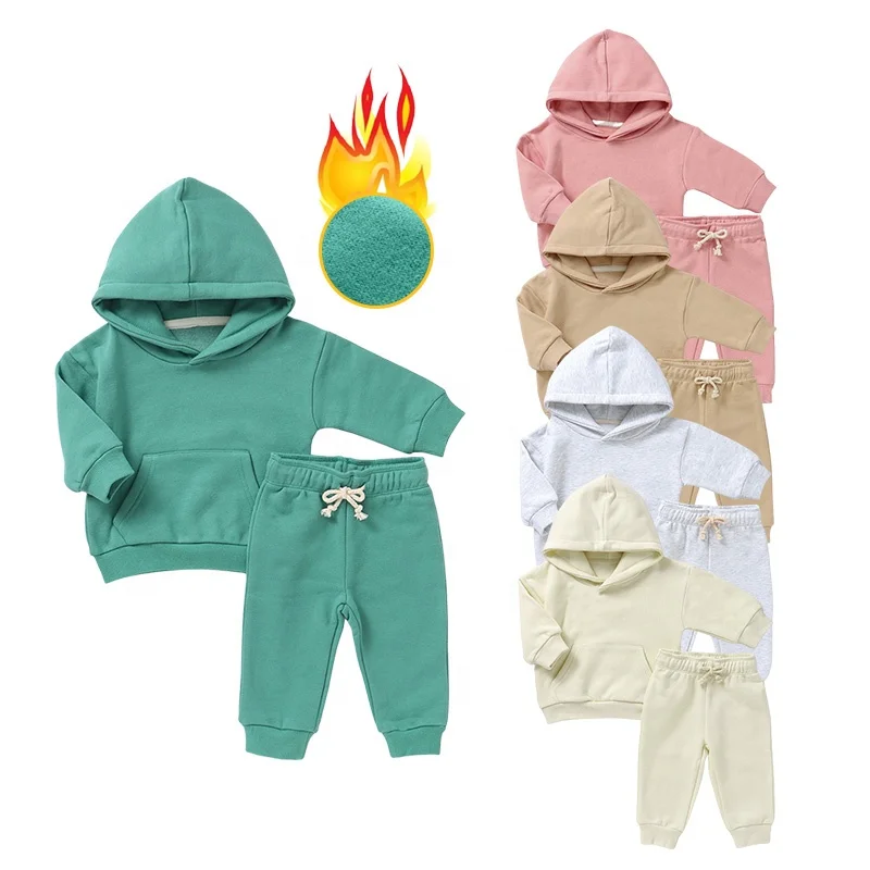 

Autumn Winter Two Pieces Children Fleece Hoodie Kids Tracksuits With Front Pouch