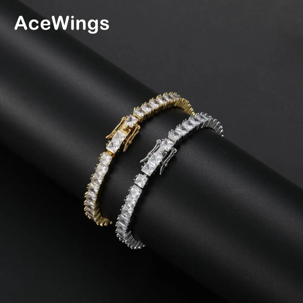 BB208   4mm Square CZ bracelet   Brass Zircon Tennis Chain   Hip hop Bling  Bling  Jewelry