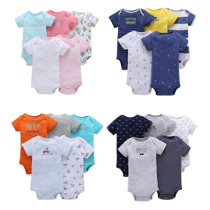 

Summer Infant pajama set Toddler Short Sleeve baby boys' rompers Triangle Romper 5 pcs baby clothing set tshirt romper baby, 31 styles in total