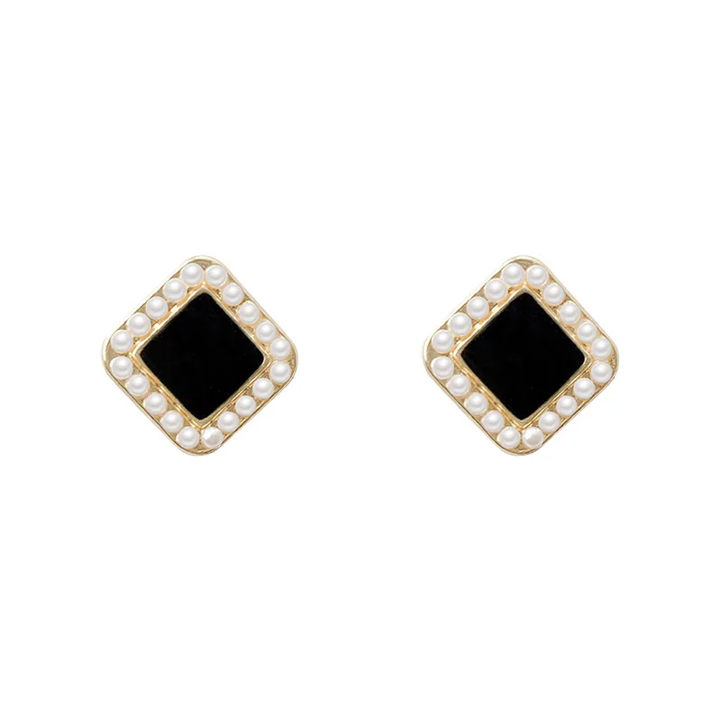 

Square women earring black acrylic white pearl earring in silver needle, 40 color avaiable