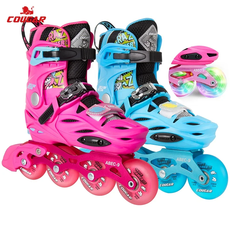 

Cougar Inline Skates Top Quality Flashing Roller Skate Wheel OEM ODM Model Patines Roller Skate Shoes For Kids, Pink / blue