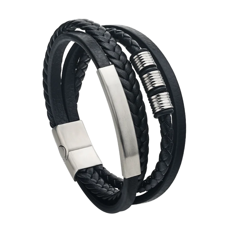 

Elio Fashion Stainless Steel Charm Magnetic Black Men Bracelet Leather Genuine Braided Punk Rock Bangles Jewelry Accessories