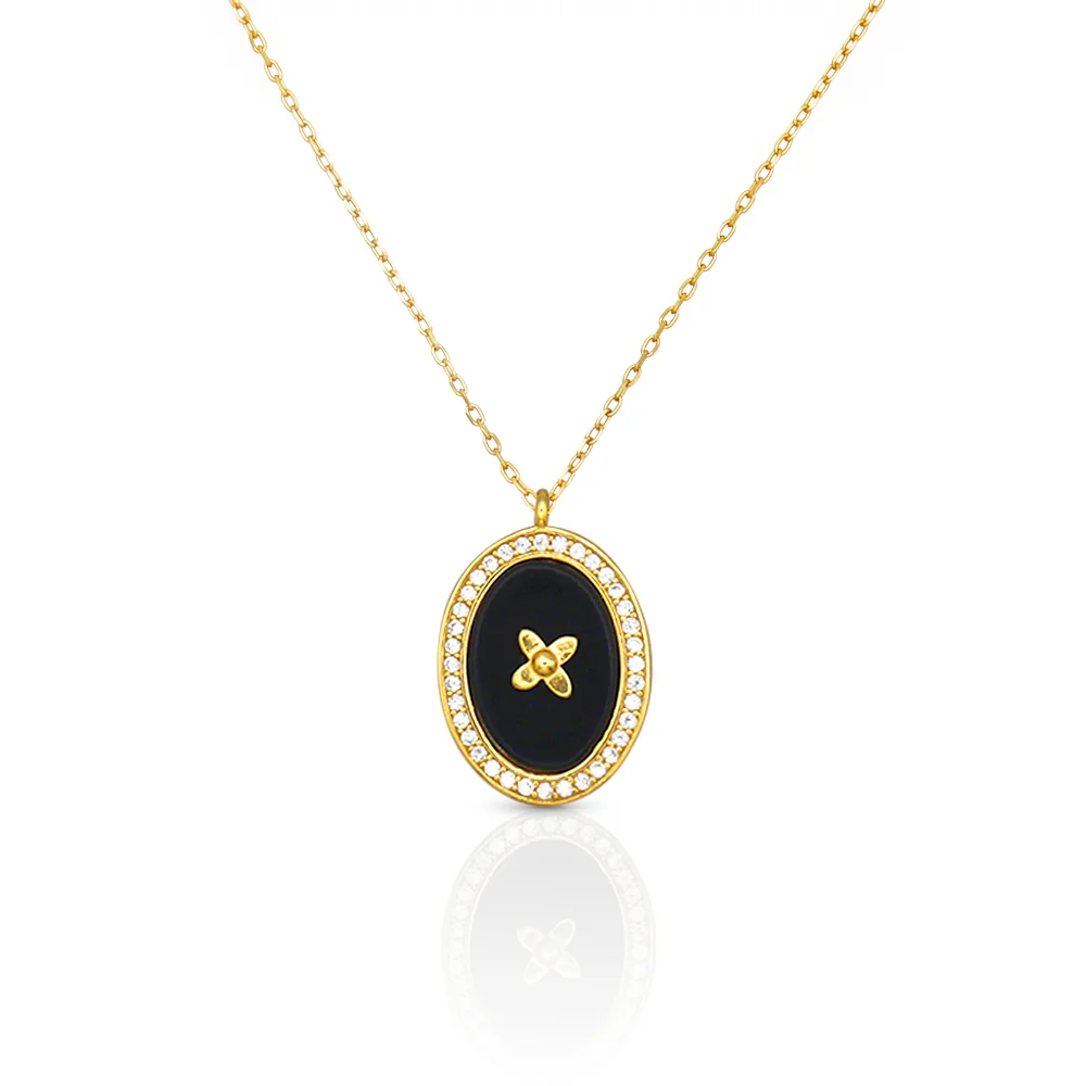 

Chris April in stock fine jewelry 925 sterling silver 18k gold plated Black Onyx gemstone pendant necklace with zircon, Yellow gold