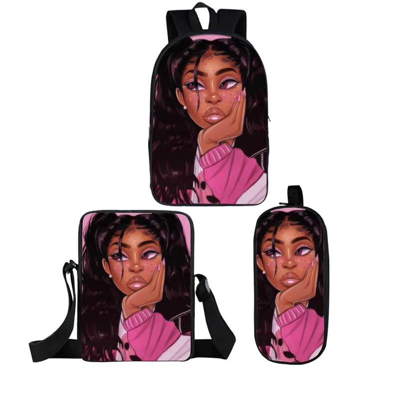 

Coolest 3 Pieces/Set Hot Sales Design Print Black Girls School Backpacks with Pencil Bag and Mini Messenger Bag Africa Girl