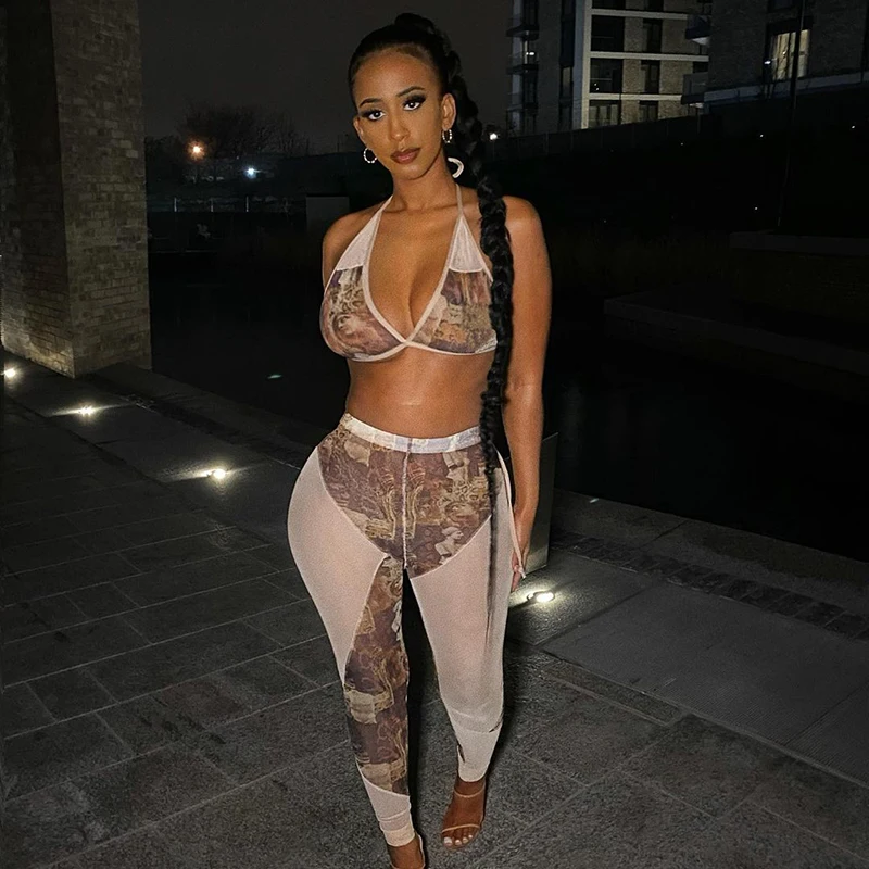 

Bomblook K21ST281 Fashion Graphic Print Women Two Piece Set Sexy Bikini Crop Top High Waist Pants Women Casual Home wear