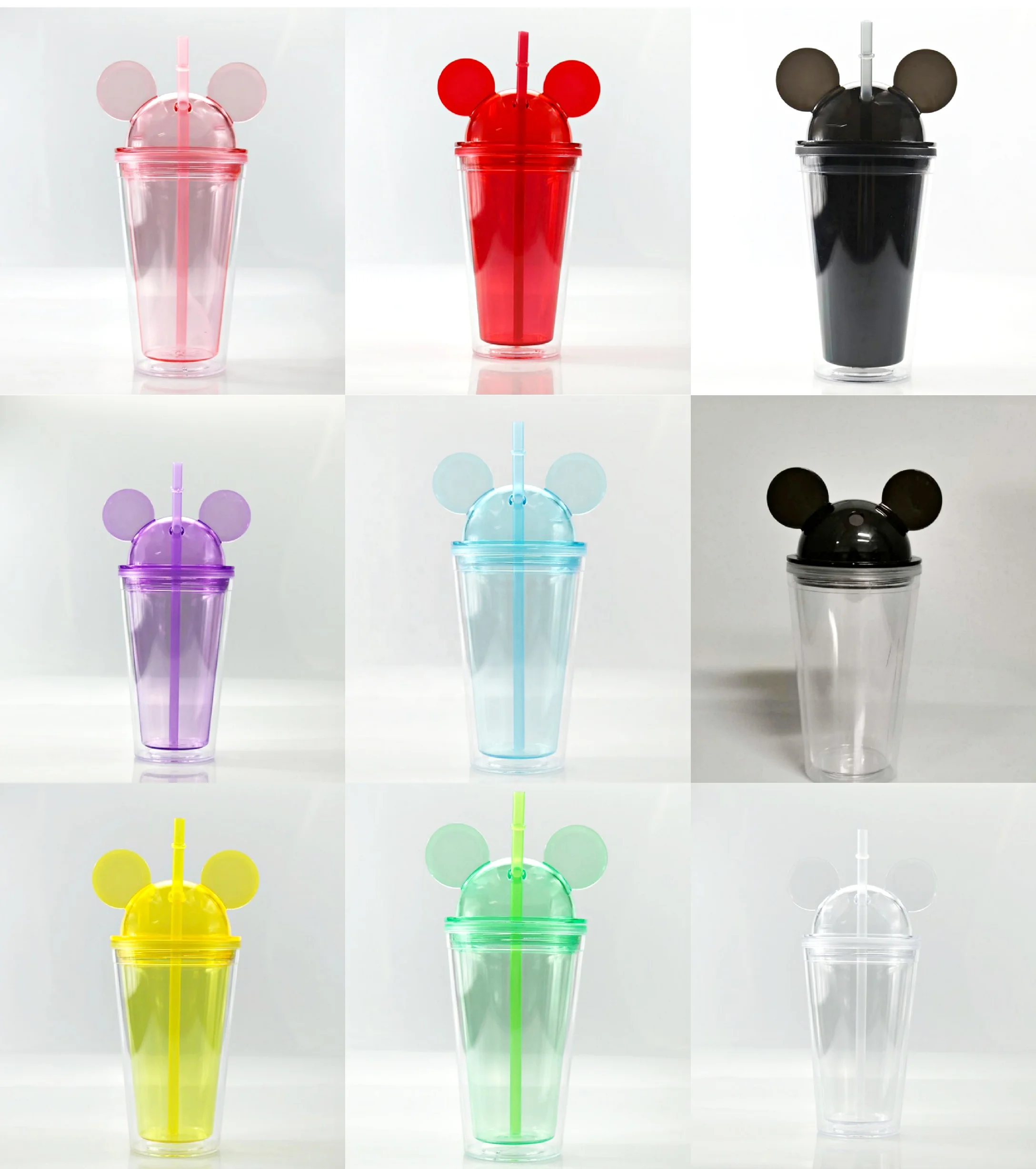 

450ML In Stock Acrylic BPA Free Wholesale Plastic Dome Lid Double Wall Mickey Mouse Ear Tumbler Cup with Straw In Bulk