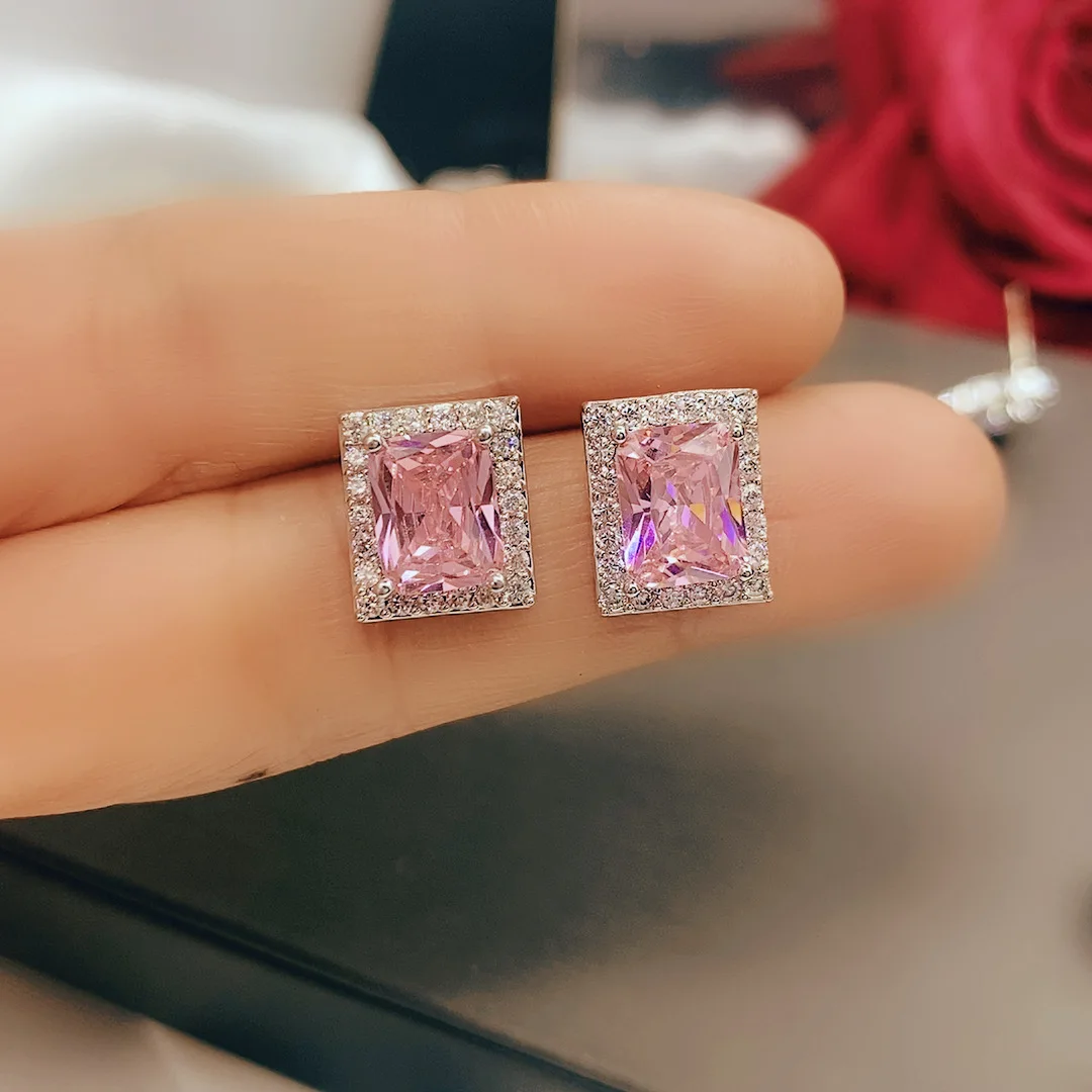 

Luxury Pink Claw Setting Square Diamond Stud Earrings Iced Out Micro Pave Cubic Zirconia CZ Bride Earrings Weeding Jewelry