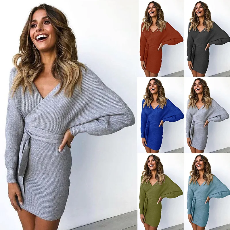 

6 Colors Fall Winter Club Bandage Knitted Sweater Dress Fashion Long Sleeve V Neck Wrap Women Elegant Dresses Sexy Short Clothes, As picture