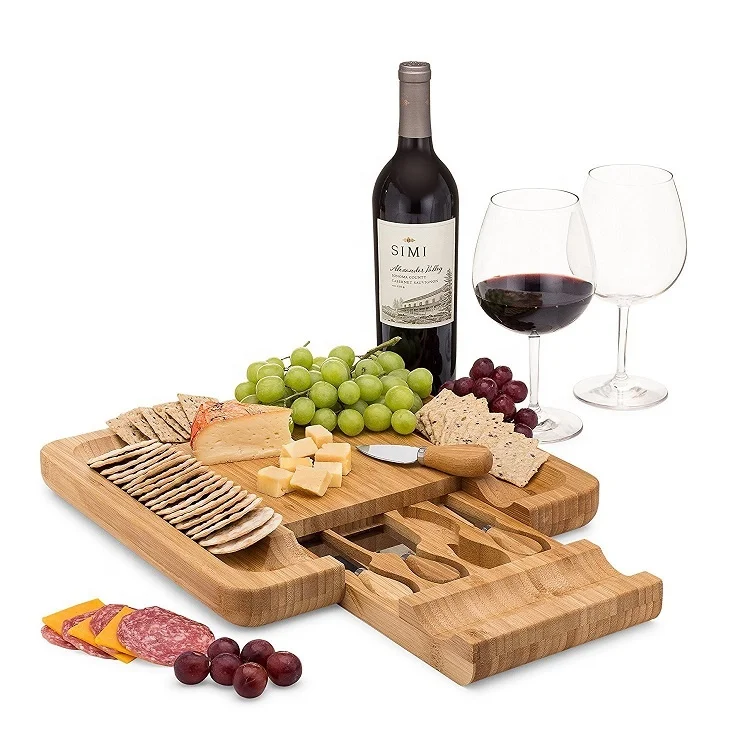 

2020 New Kitchen Large Natural Wood Bamboo Foldable Cheese Chopping Block Cutting Board with 4 Tray Drawers Containers