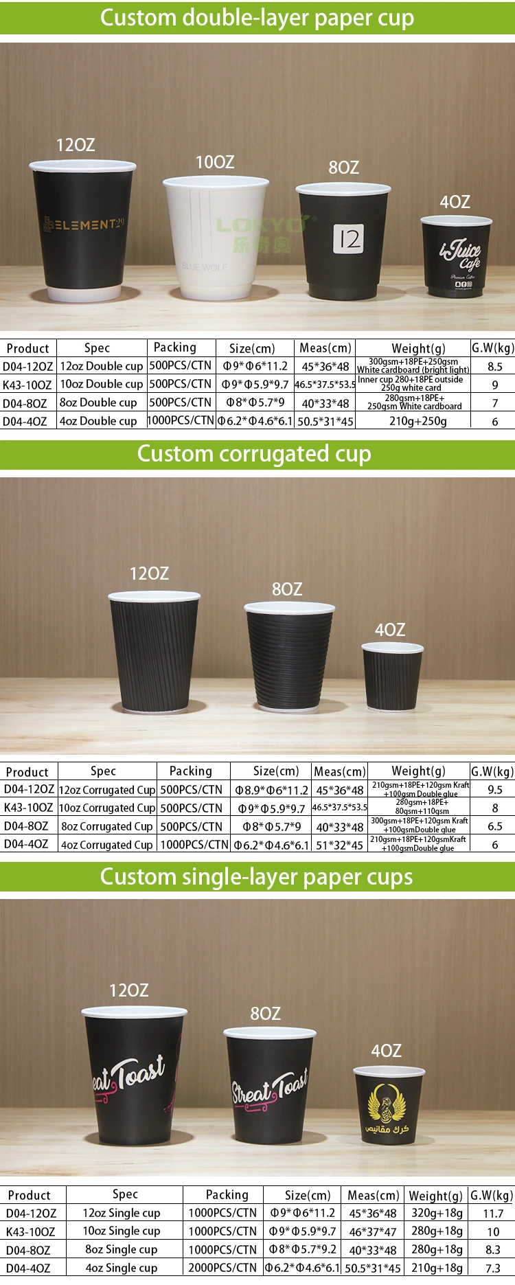 LOKYO wholesale customized hot drinks black cup 4oz ripple coffee paper cups disposable