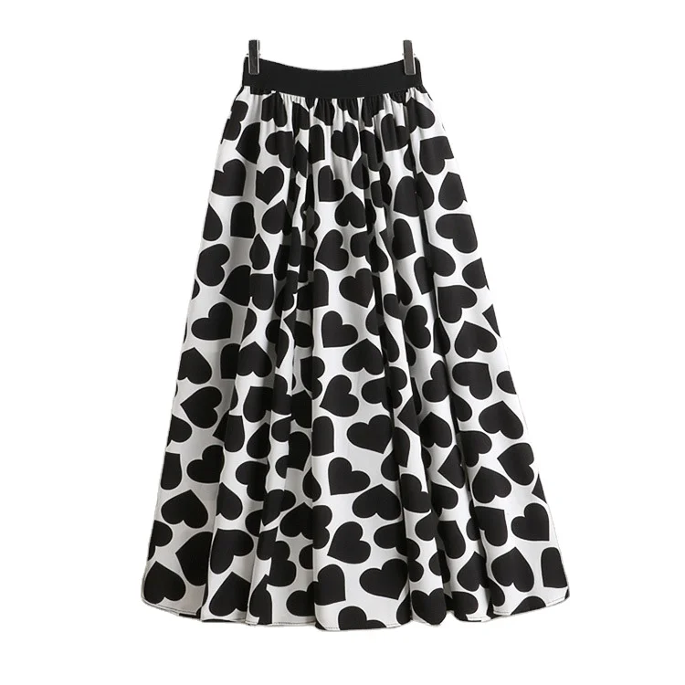 

Spring and summer new white bottom black dot half skirt female love printing holiday skirt high waist oversized skirt umbrella s, Picture color