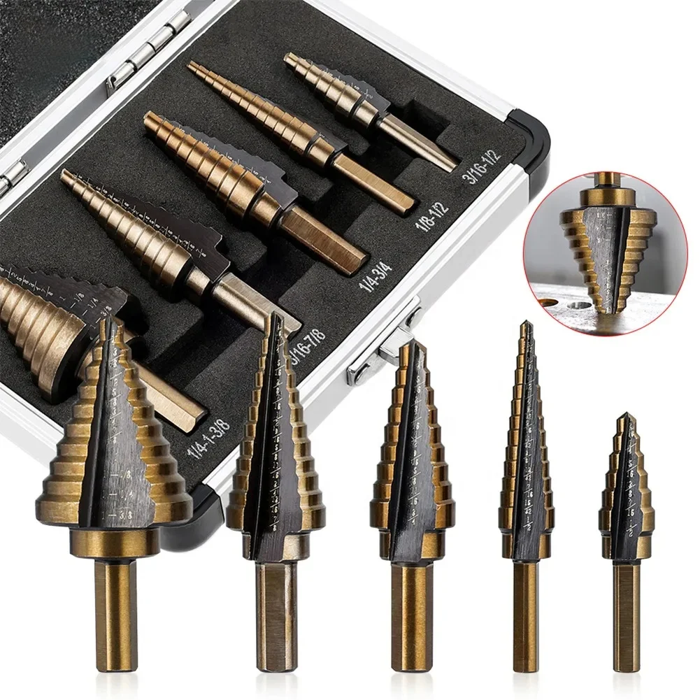 5Pcs Step Drill Bit Straight Groove Pagoda Hole Cutter Metal Cone Drill Bit Hole Opener 3/16" 1/2" 1/4" 3/4" 1-3/8" 7/8" 1/8"
