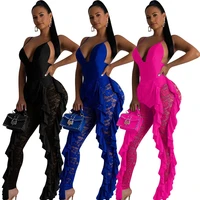 

A080176 newest fashion casual v enck spaghetti strap backless zipper agaric edge long lace woman club jumpsuit