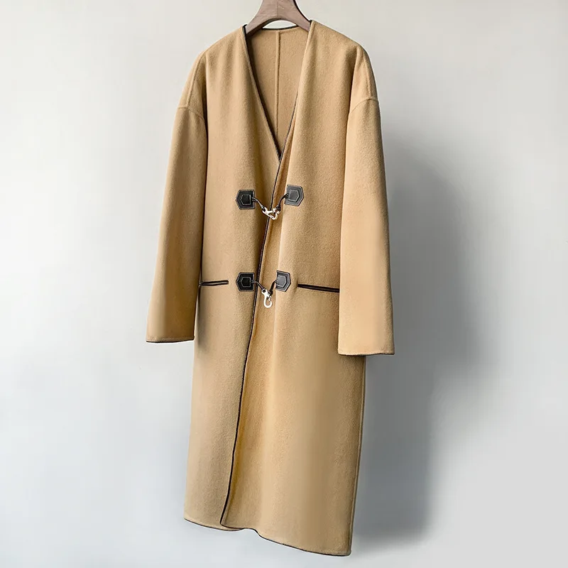 

2021 New Arrival High Quality Fashion V-Collar Women Double-sided Wool Coats Long Warm Woolen Jacket, 2 colors