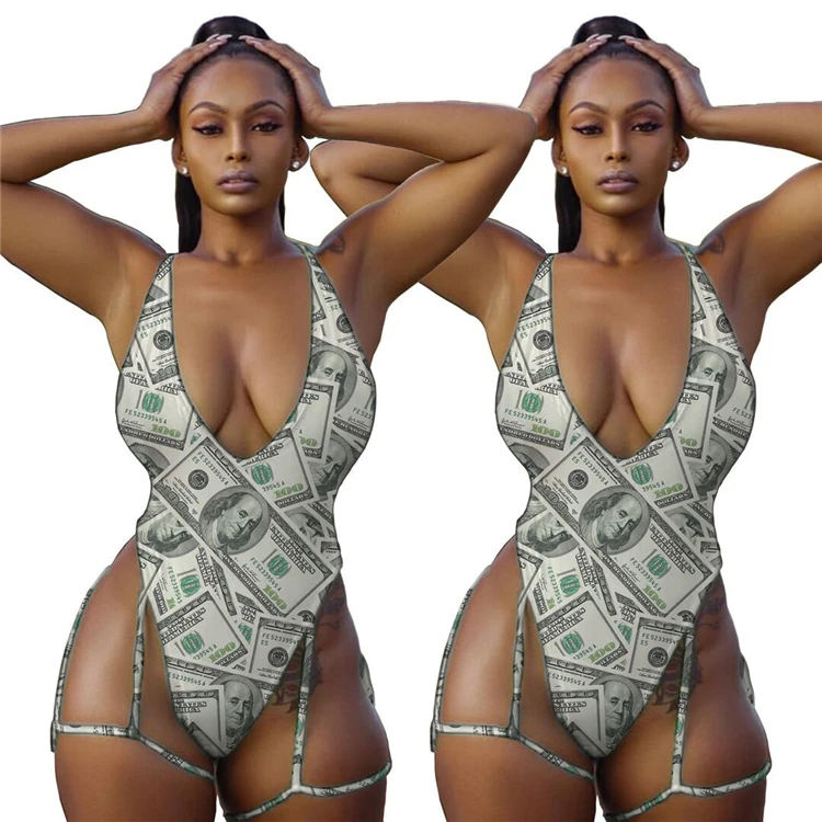 

2021 Summer Sexy One Piece Swimsuit Plus Size Dollars Print Women Bodycon Swimwear, Picture