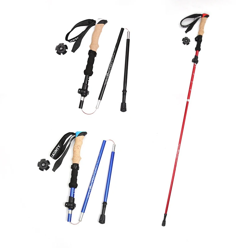 

Cork Straight Handle Folding Trekking Poles with Aluminum Alloy Lightweight Hiking Stick Five Section Walking Stick, Black,red,blue