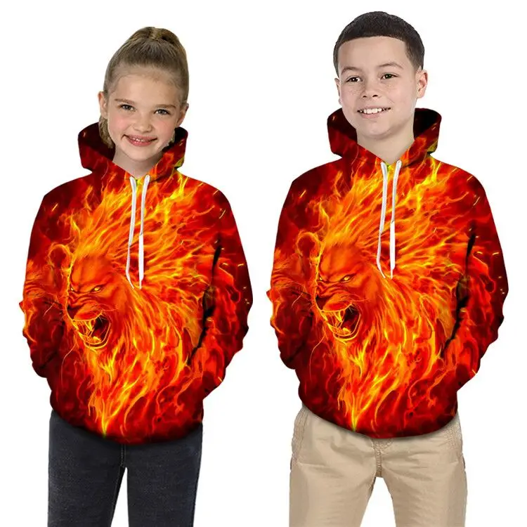 

2019 boys hot 3d print hoodies flame lion head girls hoodie