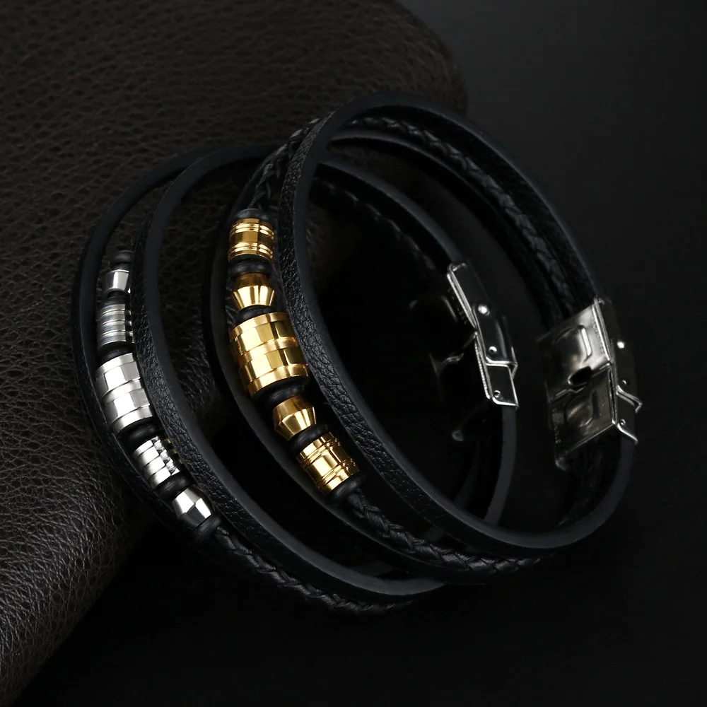 

Leather Rope Cowhide Men's Stainless Steel Leather Hand Beaded Multi-layer Leather Bracelet Jewelry