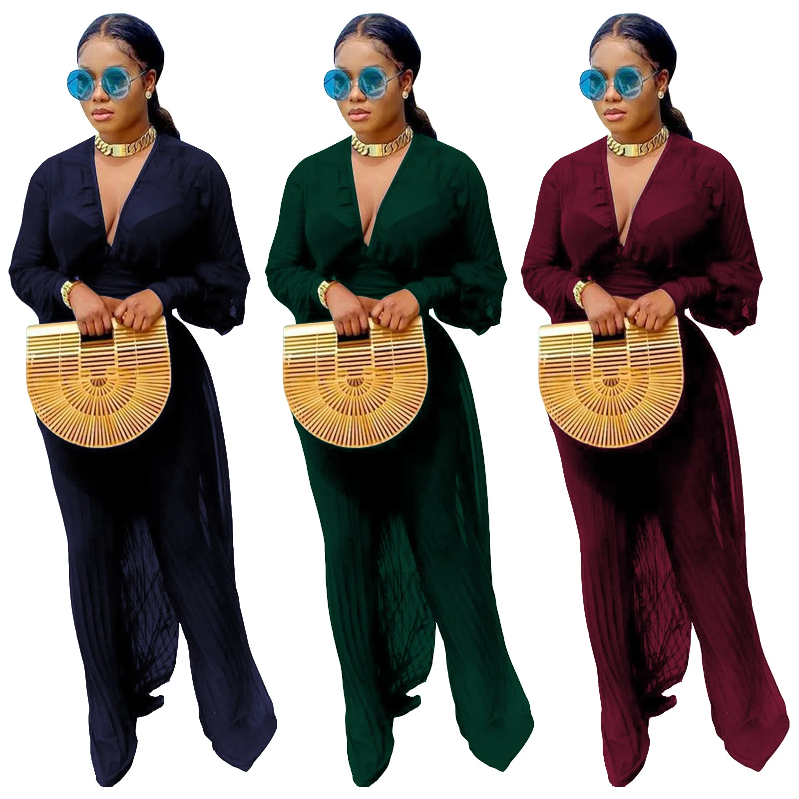 

SZ-8185 Fashion V-Neck Sexy Women'S Casual Wide Leg Pants Formal Suits For Ladies