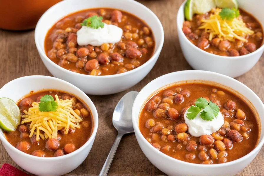 Finished mild chili served in white bowls with toppings like sour cream, shredded cheese, and fresh cilantro