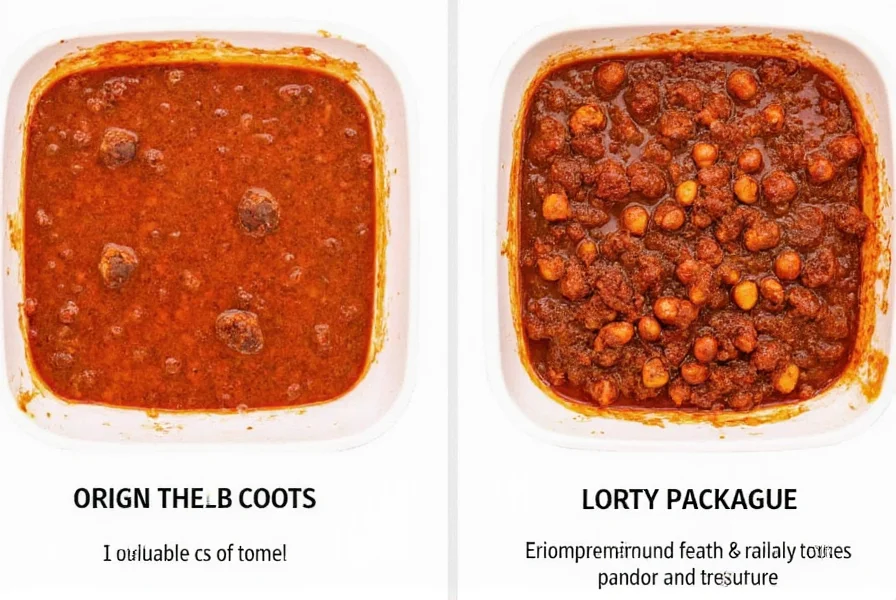 Side-by-side comparison of properly packaged chili takeout versus poorly packaged version showing temperature retention differences and texture integrity