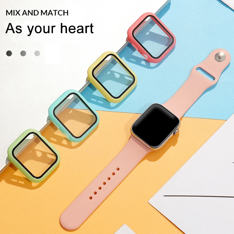 

BOORUI glass film neon cover for apple watch case screen protection for apple watch series 3/4/5/6, Black,ehite,red,gray,pink,yellow,rose pink,rose red, etc.