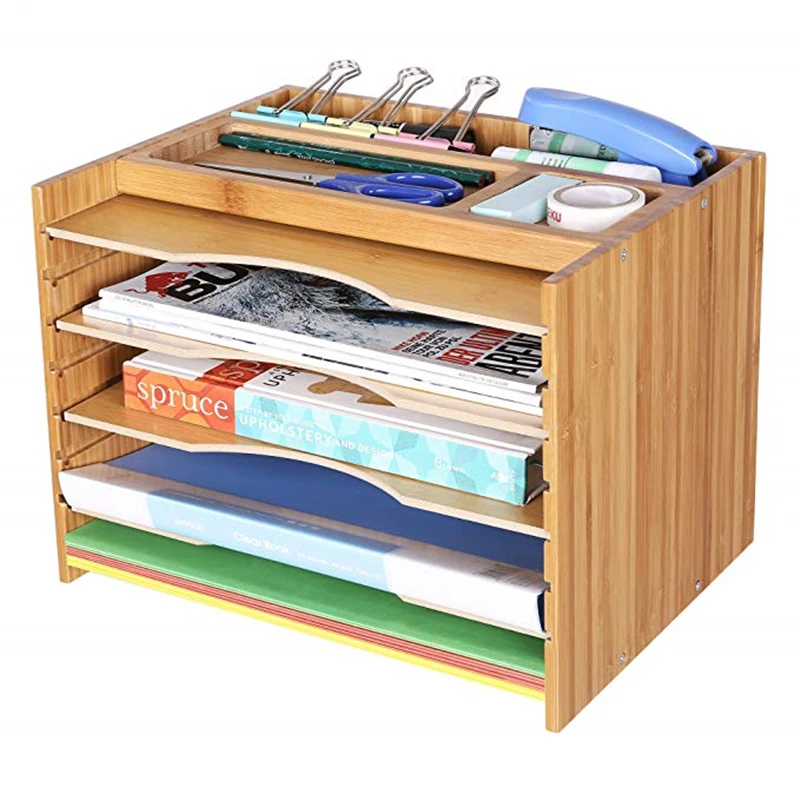 

Bamboo File cabinet desktop storage rack storage box partition layering shelf, Natural color