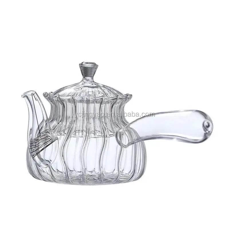 

Handblown Clear Heat Resistant Glass Teapot Kettle Stripe Design Glass Tea Infuser Pot