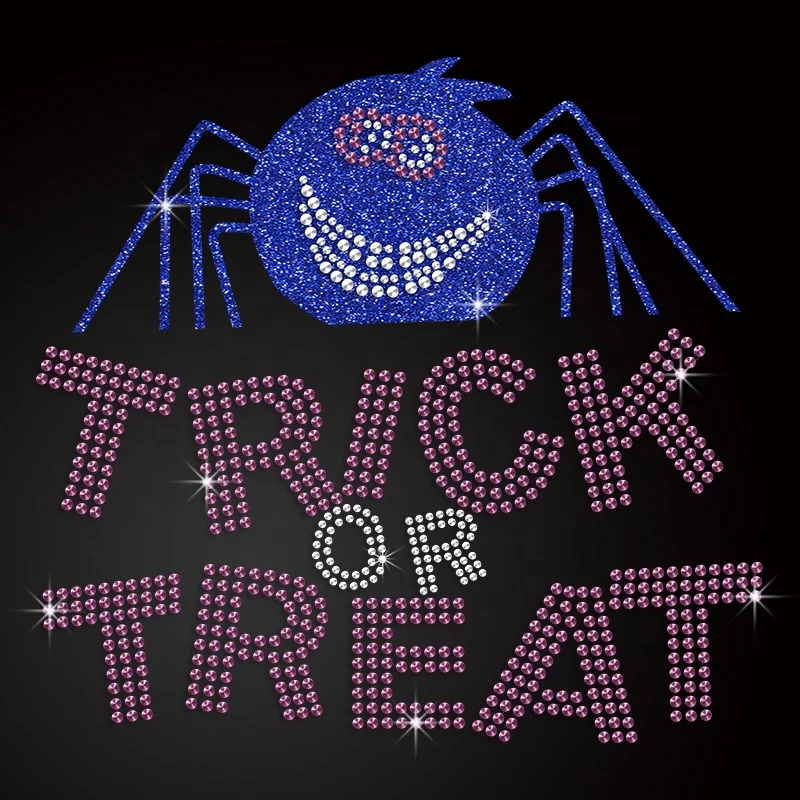 

Halloween Trick Or Treat with Smiling Spider Glitter Rhinestone Iron On Iron on Transfer for Clothes