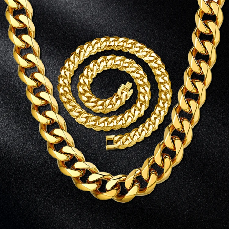 

Wholesale Hot Selling 15MM Stainless Steel 18K Gold Plated Hip Hop Dainty Durable Punk Chunky Chain Bracelet Necklace Men, Gold, silver color