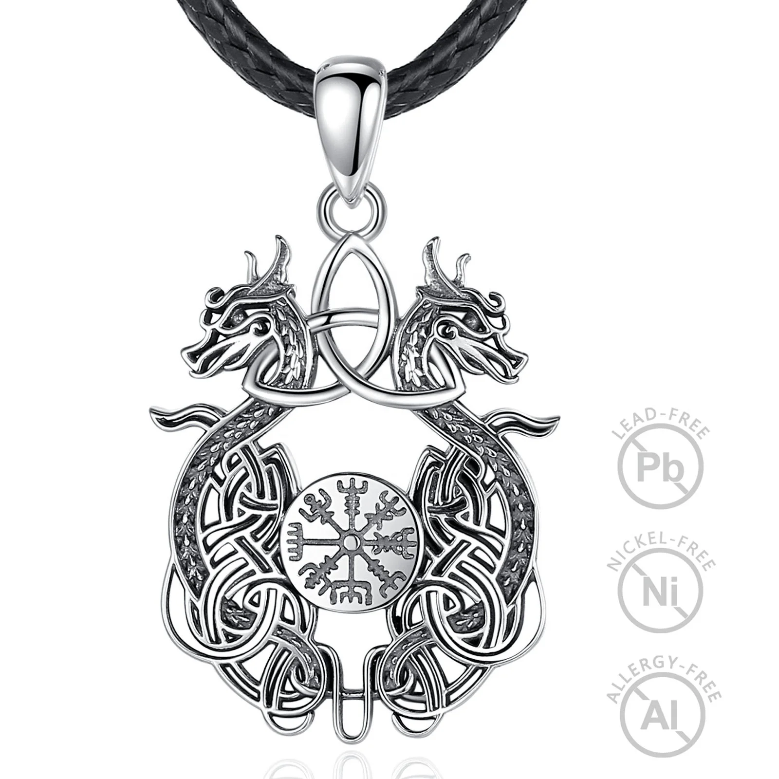 

Merryshine Jewelry 925 Sterling Silver Vintage Viking Rune Double Dragon Pendant Necklace for Men or Women