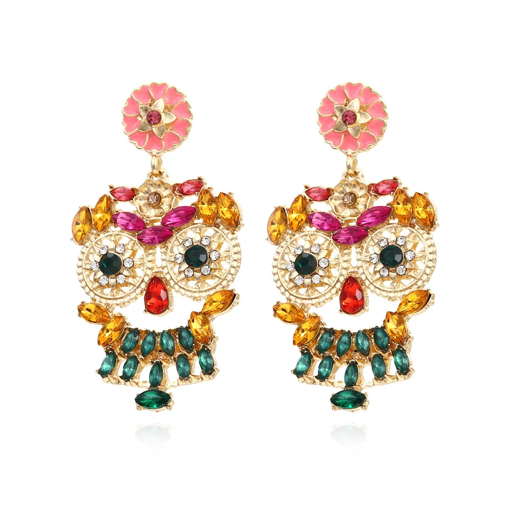 

New cute colored diamond owl earrings exaggerated cartoon full diamond small animal earrings