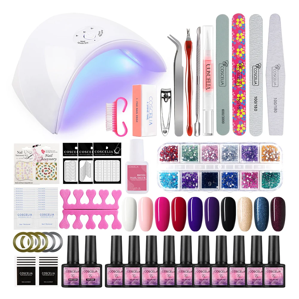 

COSCELIA Professional Nail Polish Starter Kit with 36w Nail Lamp TB Coat Regular Tools Set UV Gel, 10 colors