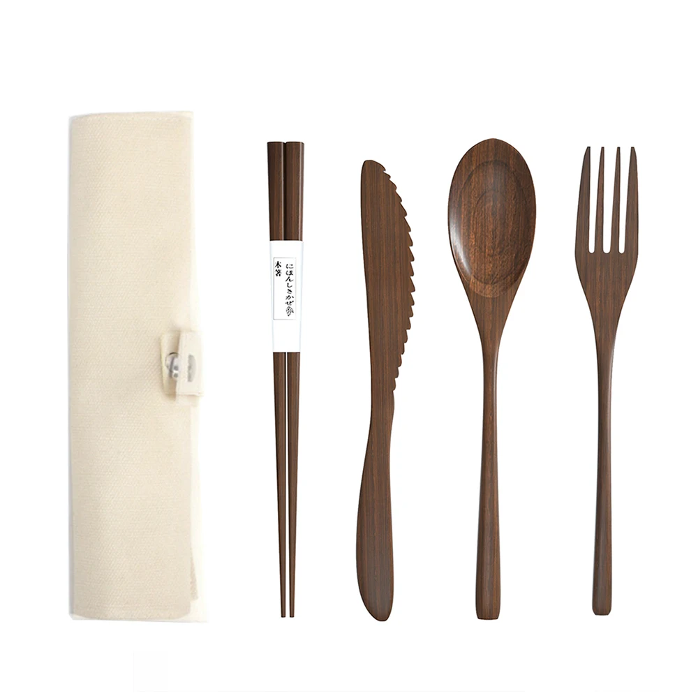 

Wholesale cheap portable wood biodegradable chopsticks spoon fork knife camping travel wooden cutlery set flatware sets, Picture