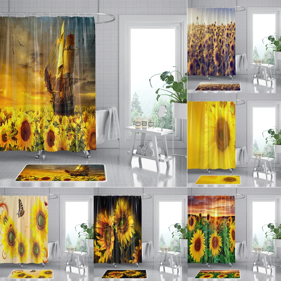 

Home sunflower 3D digital print waterproof polyester shower curtain for bathroom