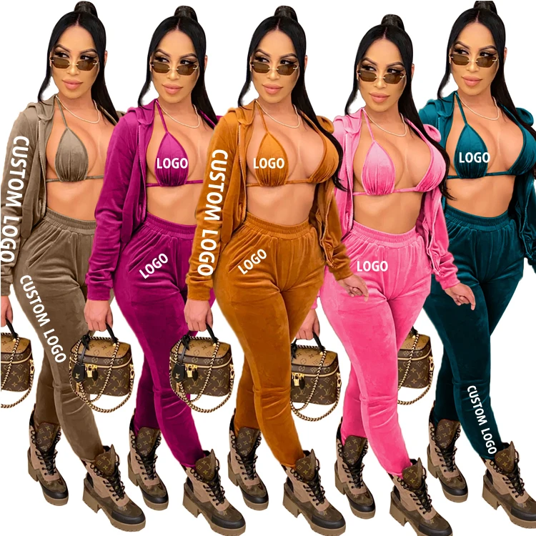 

Free Shipping Velour Tracksuit Womens 3 Pieces Joggers Outfits Jogging Sweat suits Set Soft Sports Sweat Suits Pants with bra, Multi color optional