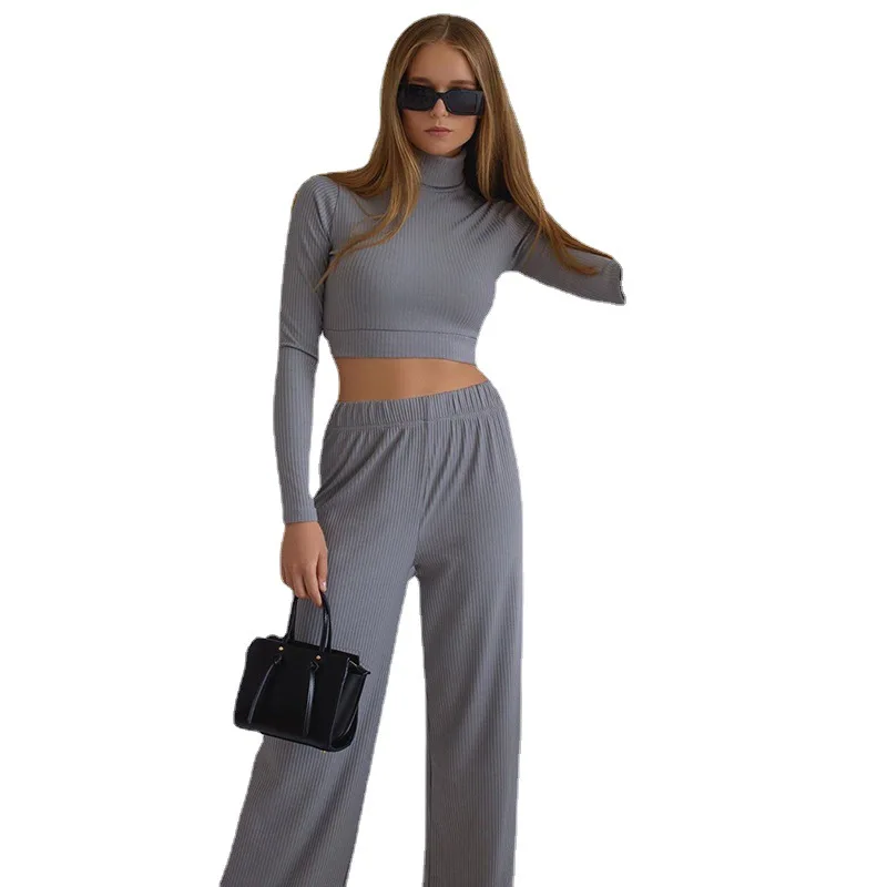 

Fall Women Clothing Two Piece Set New Fashion Long Sleeve High Neck Wide Leg Pants Suit, 4 colors