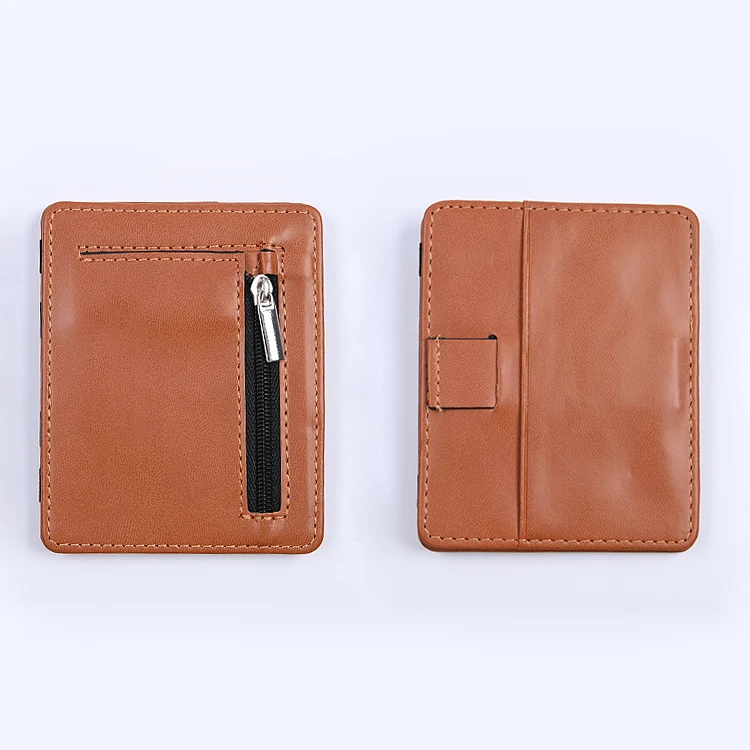 

Slim Card Holder Pu Leather Magic Wallet With Zip Coins Pocket And Elastic Straps, Black,blue,brown,gray,green,orange or customized color