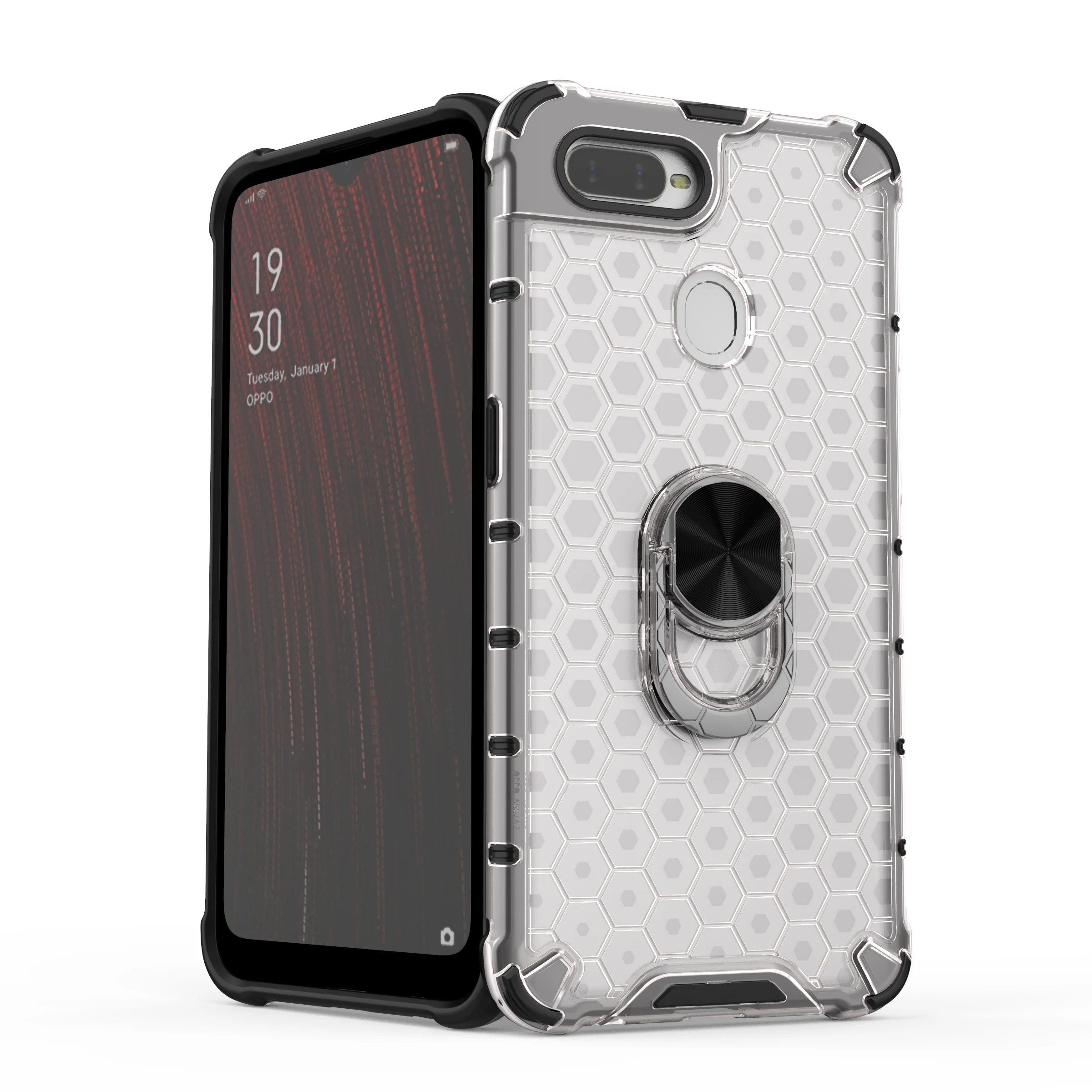 

Hybrid Silicone Hard Stand Ring Holder Case For OPPO A5S, As pictures